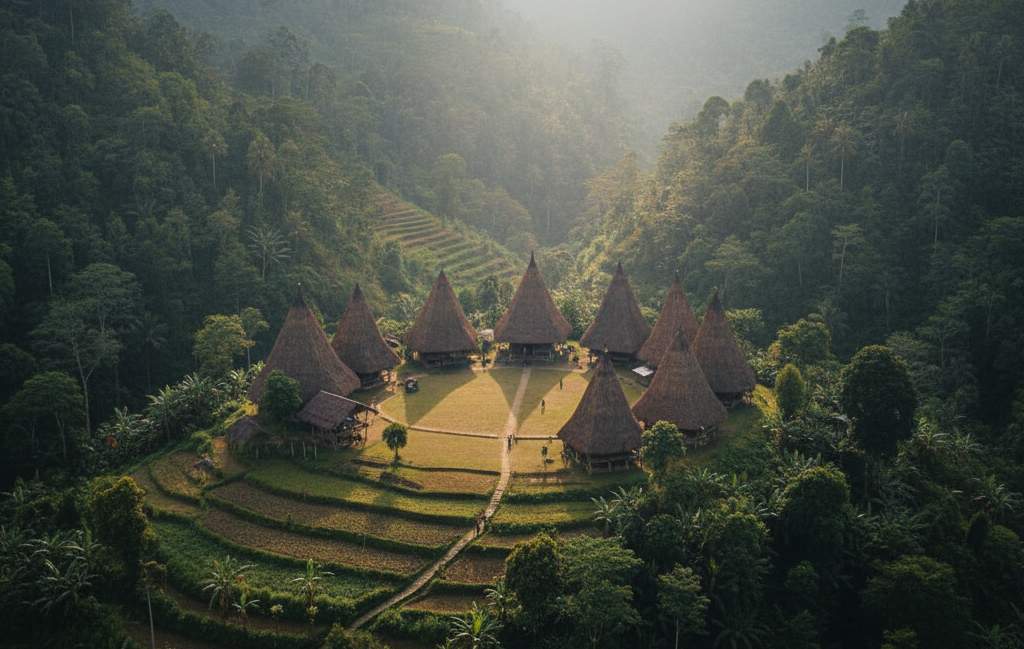 Pemandangan Desa Wae Rebo yang mistis, menampilkan rumah-rumah adat Mbaru Niang beratap jerami di tengah lembah yang hijau subur, diselimuti kabut pagi.